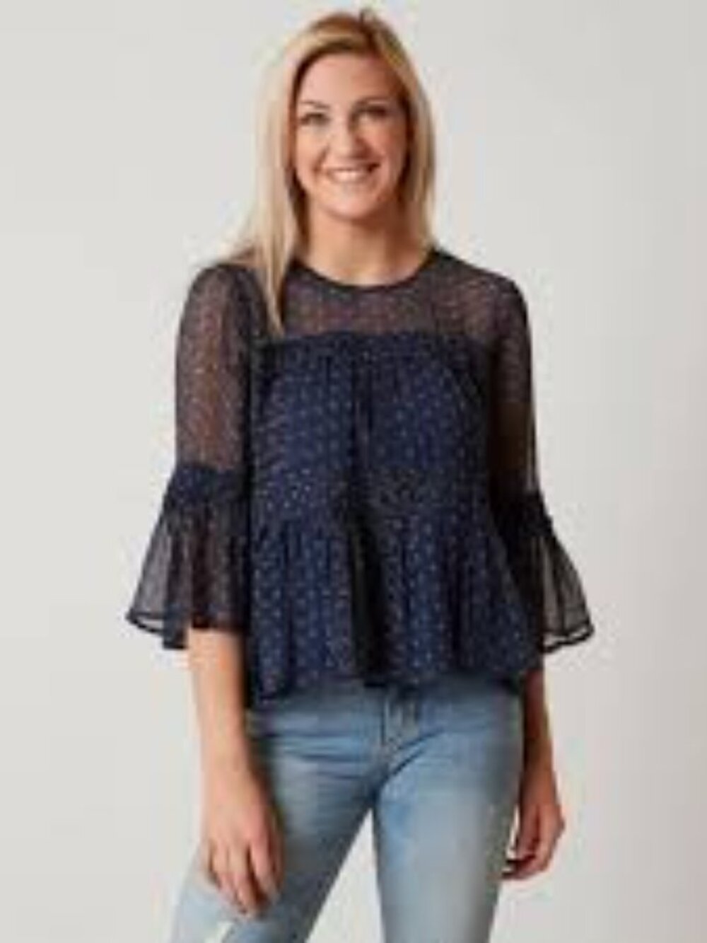 Lucky Brand Whimsigoth Navy Blue Sheer Tiered Boho Peasant Blouse Size M Top - Picture 2 of 10
